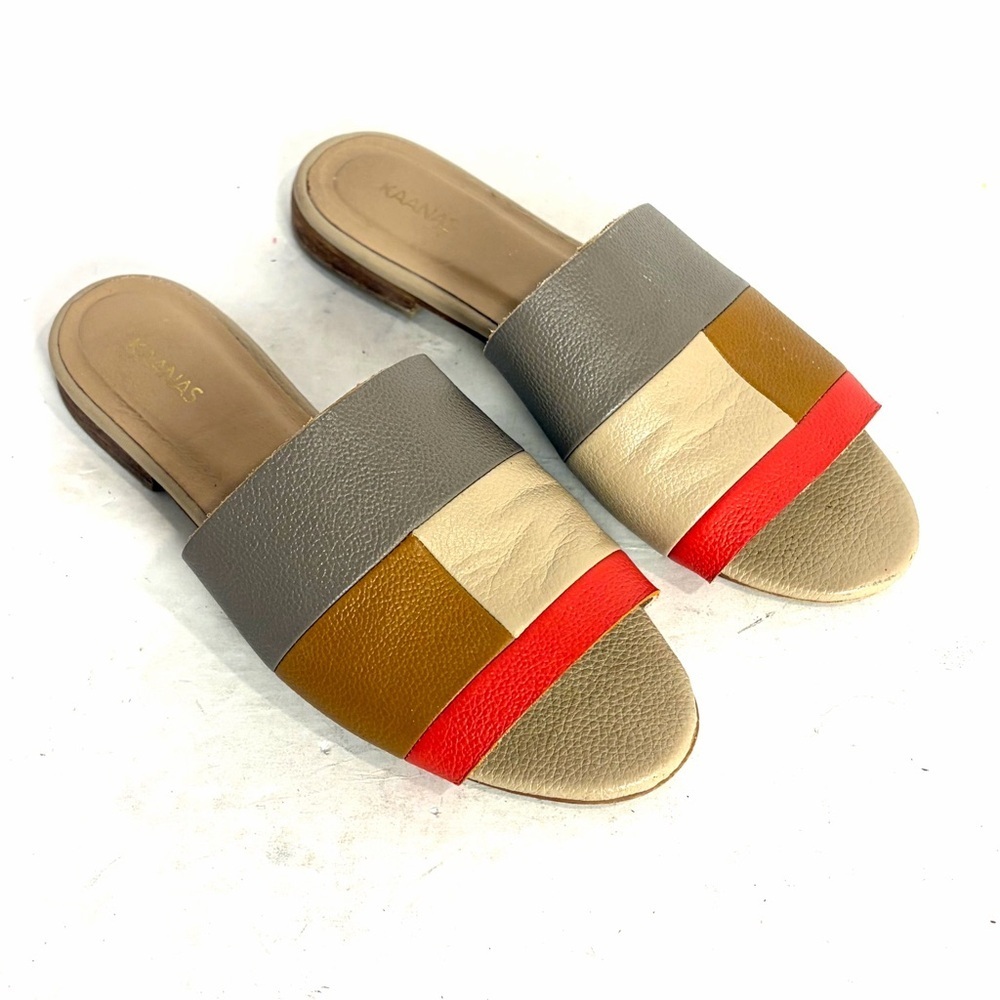 Kaanas Sedef Leather Beige Multi Colorblock Open Toe Flat Slide Sandal Shoe Sz 8